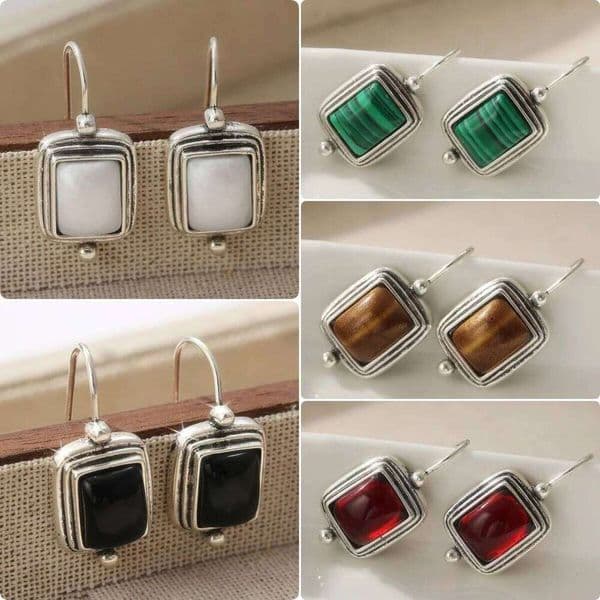 Vintage Silvery Plated Square Inlaid Imitation Gemstone Dangle Earrings for Women Gorgeous Exquisite Wedding Jewelry Accessories