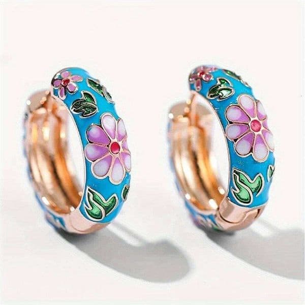 Ethnic Style Retro Enamel Printed Golden Plated Hoop Earrings for Women's Fashion Exquisite Perfect Holiday Jewelry Crafts Gifts