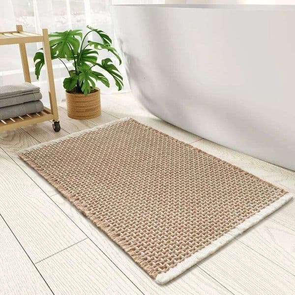 Checkered Mat, Super Absorbent Non Slip Bath Mats for Floor 3D Two Tone Woven Bathroom Mat with Tassels Machine W 26W0117