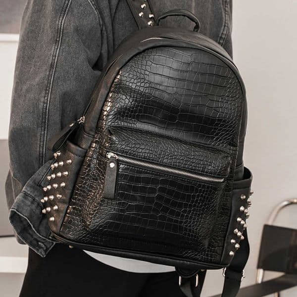 Korean-Style Crocodile-Pattern Studded Backpack Trendy Backpack Laptop Bag Student School Bag Unisex Couple Backpack