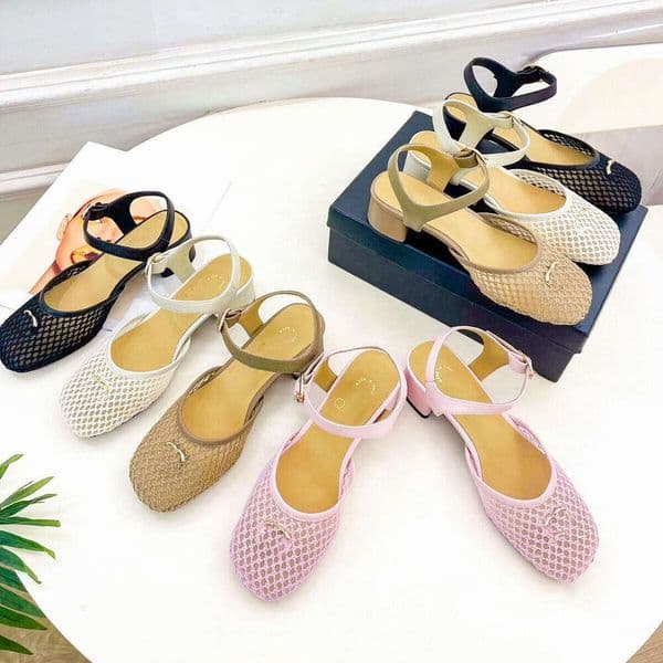Mirror quality chunky heel sandal Designer casual shoe woman Luxury slide kitten heel sandale purple summer casual Brown shoe mesh slipper dress ballet flat shoes 1 1