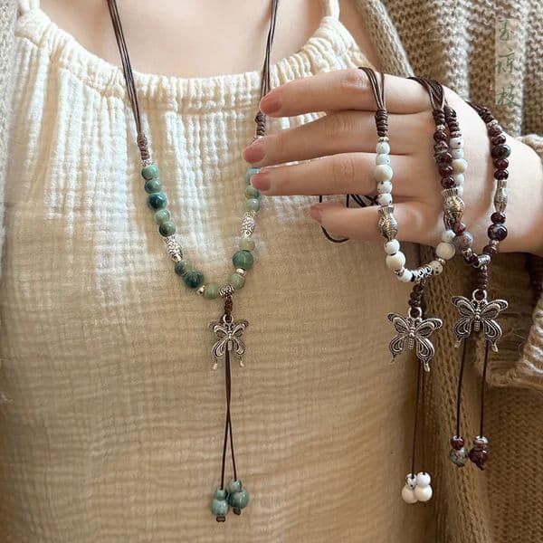 Vintage Ceramic Butterfly Pendant Necklaces for Women Chinese Ethnic Style Long Adiustable Handmade Bead Chain Charm Jewelry 260109