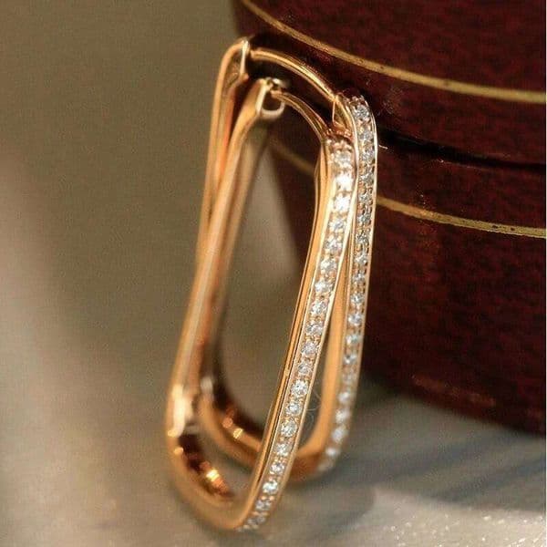 Women's Fashion Rose Golden Plated Synthetic Zirconia Rectangle Geometric Hoop Earrings Retro Party Wedding Jewelry Accessories
