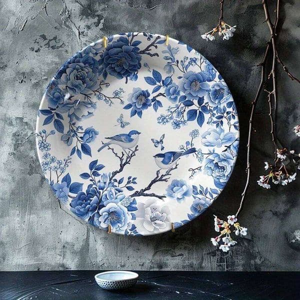 1pc Vintage Blue White Ceramic Plate with Hand-Painted Floral and Bird Design - Round Wall Art Decor for Home, Living Room, 26Y0119