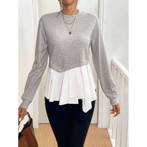 women's round neck pullover, contrasting color splicing irregular design fake two-piece autumn sweatshirt, lo
