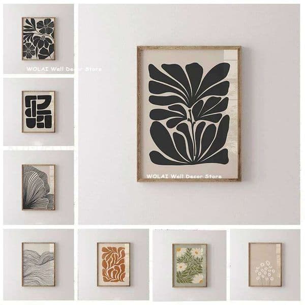 Abstract Moody Plant Canvas Print Mid-century Modern Beige Black Floral Line Wall Art Posters for Living Room Home Decor 26Y0119