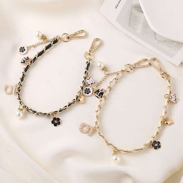 Bag Charm Keychain Chain with Pendant Leather Pearl Five-Character String Handbag Wrist Strap Bag & Phone Case Decoration Free Shipping