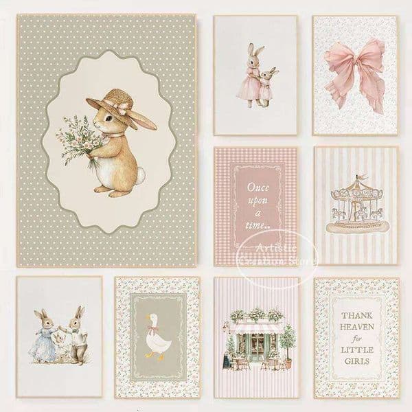 Vintage Watercolor Storybook Rabbit Bunny Silly Goose Bow Carousel Illustration Poster Canvas Painting Wall Pictures Home Decor 26Y0119