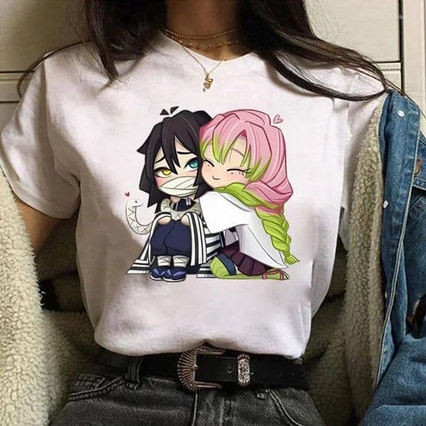 Women's T Shirts Funny Kanroji Mitsuri Iguro Obanai Cartoon Print T-Shirt Couple Loose Short Sleeve Round Neck Top Anime Casual Shirt Tees