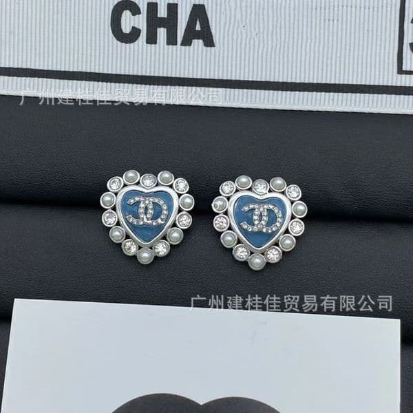 designer jewelery channels earring Double C Blue Pink Peach Heart Pearl Stud Earrings for Women Sweet