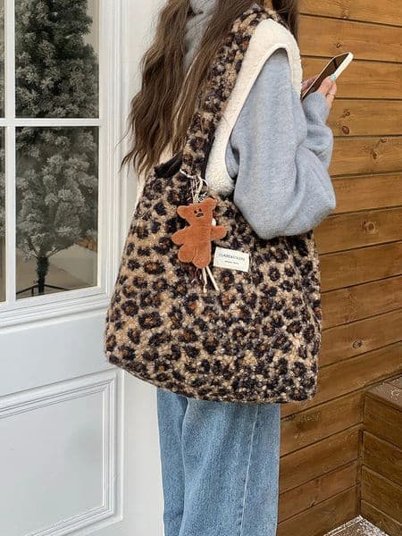 2025 autumn/winter leopard print plush bag fashionable and casual shoulder bag womens daily commuting bag 260112