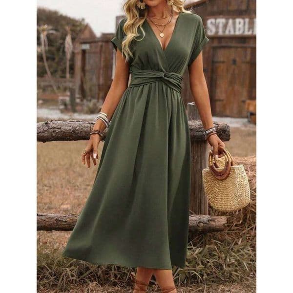 Woman Clothing Deep V Neck Wrap Midi Dress Short Sleeve Tie Waist Casual Boho Style for Summer Vacation