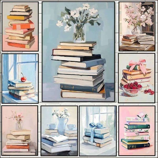 Book Lover Print Poster Stack of Books Bookworm Pastel Canvas Painting Trendy Wall Art Apartment Aesthetic Study Room Home Decor 26Y0119