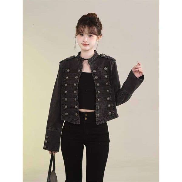 Women's Clothing New Jeans Retro Button Design Slim Stand-Up Collar Long Sleeves Denim Top Jacket Short Coat Mdng260119