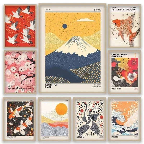 Japanese Ukiyo-e Style Fuji Mountain Cranes Cherry Blossom Elements Canvas Poster Livingroom Art Studio Coffe Shop Decor Gift 26Y0119