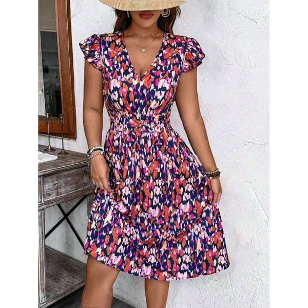 Women's Floral Print Dress V-Neck Ruffled Short Sleeves Elastic Waist Ideal for Summer Vacations Beach Outings Bohemian Styles