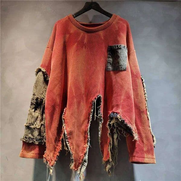 YEAE Women's Pullover Long-Sleeved Tie-Dye Irregular Old Patchwork Retro Loose Denim Sweater Autumn New Fashion Mdng260119