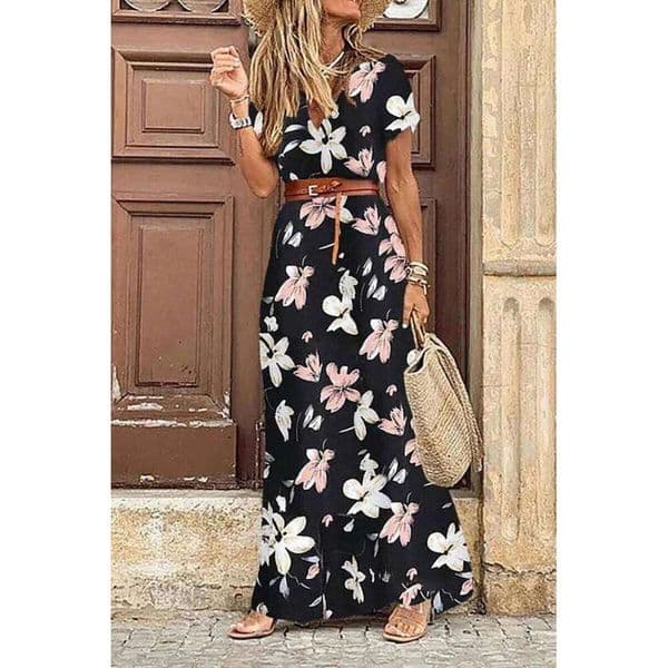 Women's 2023 Floral Summer Dress Wrap V Neck Short Sleeve Belted Ruffle Hem Bohemian Maxi Sun Dresses with Belt A Black