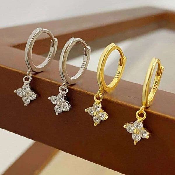 Jewellery Earrings Silver Plated Four Leaf Clover Hoop Cubic Zirconia Dangle Adjustable for Party Wear Special Occasion Gift High Quality Texture