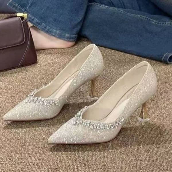 Spring New Thin Heel Shoes Women Fashion Pointy Shallow Mouth Glitter Slip-on Waterproof Anti-slip Wear-resistant High Heels ddmythur