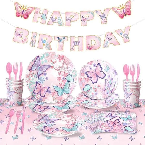 Bestseller Pink Butterfly Disposable Tableware Paper Plates Cups Happy Birthday Banner Tablecloth Baby Shower Wedding Party Supplies ddmytues