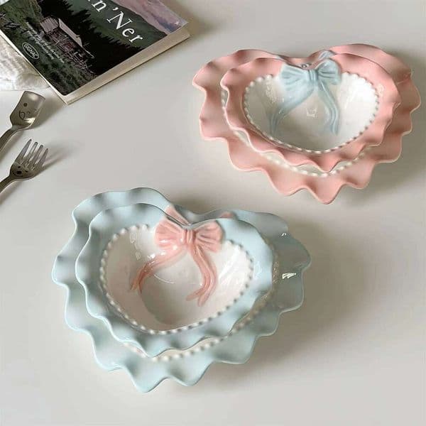 Cute Ceramic Dinner Love Bow Jewelry Display Tray Wavy Edge Breakfast Plate Home Decor Photography Props 26H0119