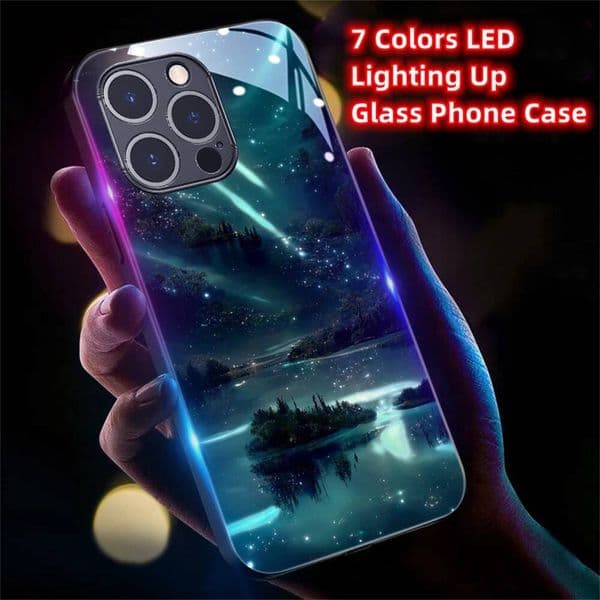 2026 Pretty Galaxy Beach Smart LED Light Glow Tempered Glass Phone Case For iPhone Air 17 16 E 15 14 13 12 11 Pro Max Plus