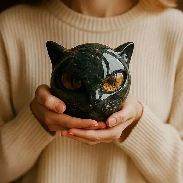 Black Cat Figurine Resin Cat Head Healing Stone Marble Texture Cat Stone Resin Cat Sculpture Ornament for Home Office Desk Decor 260119