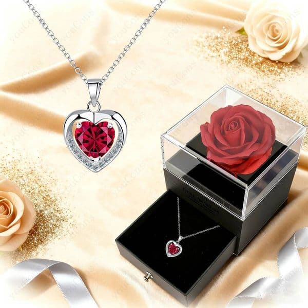 Valentine's Day Luxury Heart Zircon Necklace Pendant With Rose Bow 2025 New Jewelry Set For Girlfriend Mother Anniversary Valentine Gift ddmytues