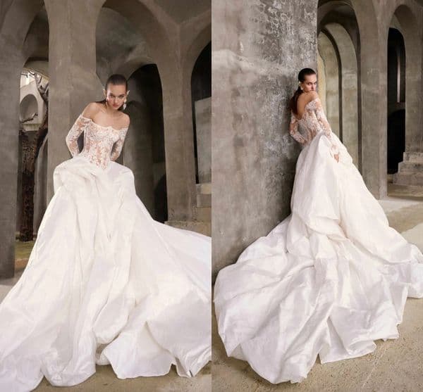 2026 Dramatic Basque-Waisted French Lace Couture Wedding Dress With Fitted Long Sleeves Off Shoulder Voluminous Skirt Regal Romantic Ceremony Bridal Gowns Youma