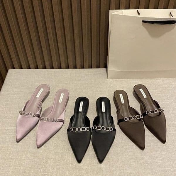 Slipper 2026 Pointed Toe Mules with Crystal Low Heel Slip-On Slides for Women Wide Width Closed-Toe Summer Shoes Free Shipping Z260520