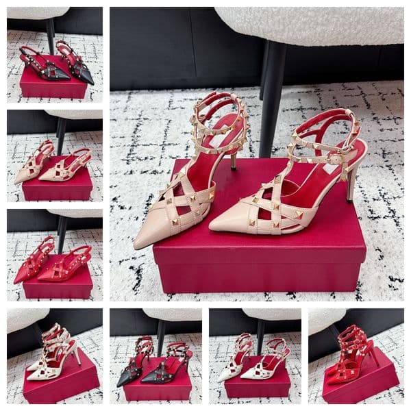 women designer studdy high heels rivet sheepskin pointed tip buckle luxury stiletto heels sandals fashion lady dinner party party wedding Evening dress shoes 10cm