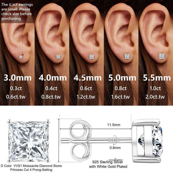 Moissanite Princess 14k White for women jewlery Gold Cinnabar Sterling Sier Unisex Jewelry VVS1 Lab-Created earrings Earrings Studs