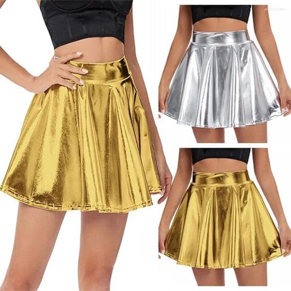 Skirts Elegant Metallic Pleated Skirt Retro Gold Silver A-line Short Flared Design Elastic Skater Clubwear