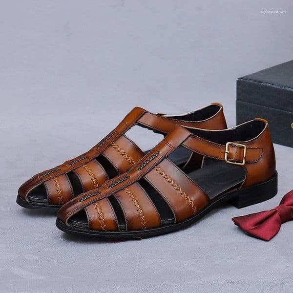 Sandals Retro Men's Leather Summer 2026 Roman Gladiator Woven Genuine Shoes Men Business Casual