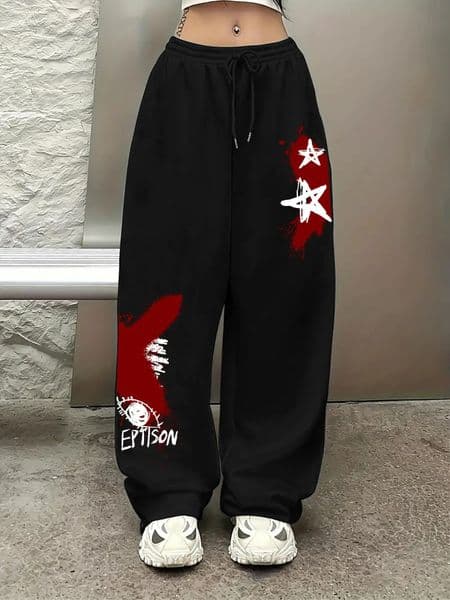 Womens Autumn and Winter Plus-size Star Print Loose Straight Fleece Leg Sweatpants Elastic Waistband Streetwear Versatile 260119