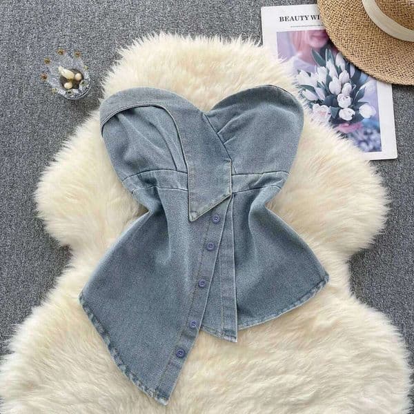 New Chic Denim Asymmetrical Tube Korean Fashion Tank Top Slim Sexy Strapless Casual Hotsweet Crop Tops Summer Women Clothing