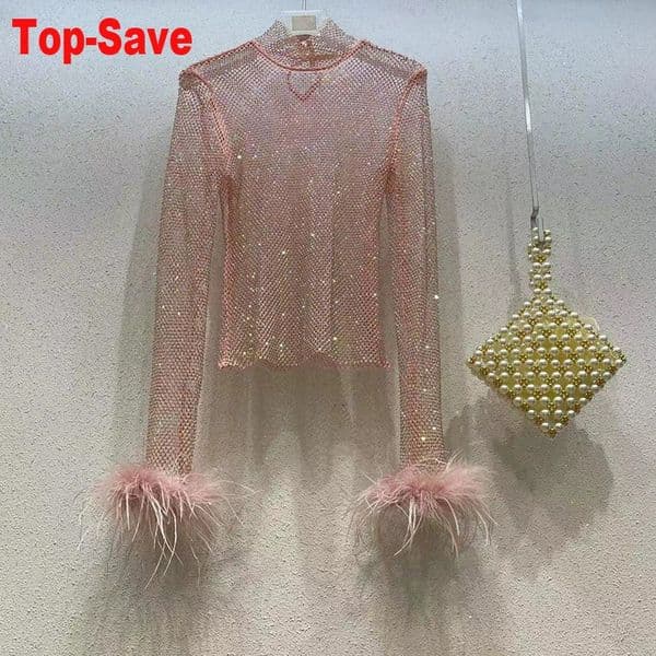 Sexy Mesh Streetwear Clothing T-Shirt Women Fashion Feathers Full Sleeve Bottoming Shirt Summer Shinny Party Outfits Crop Tops 260120
