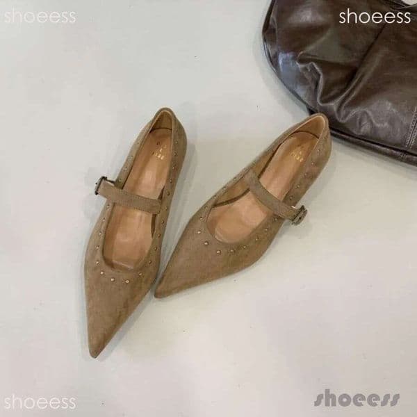 2026 Khaki Rivet Designer Shoe Flat Heel Fall pointed toe Elegant Mary Jane womens dress Shoes