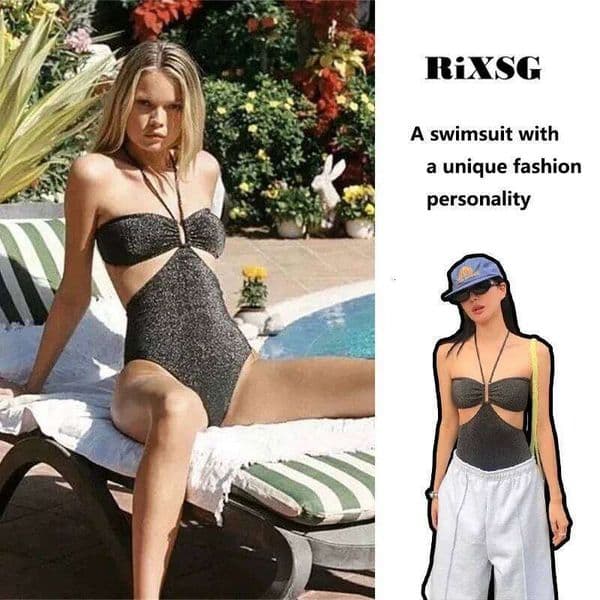 Female Black Shiny Silk High-end Sexy Hangingneck Small Chest One-piece Triangle Hotspring Vacation Swimsuit Can Be Worn Outside