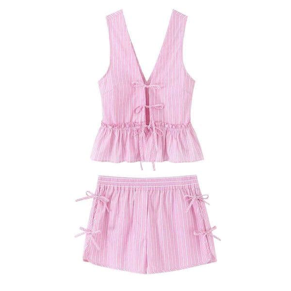 2025 new summer women's clothing bow V-neck striped short waist sleeveless suspender top with girlish wide-leg shorts