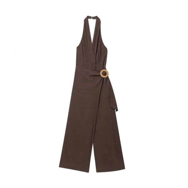 MYST&ZA2025 summer new women's clothing casual fashion comfortable sexy pleated halter neck backless long jumpsuit trousers