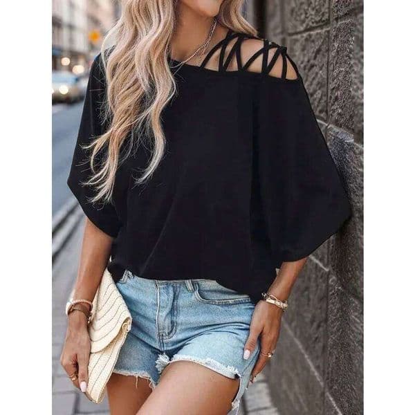Plus Size New Summer Casual Knitted Asymmetric Shoulder Double Strap Women's T-Shirt C260121