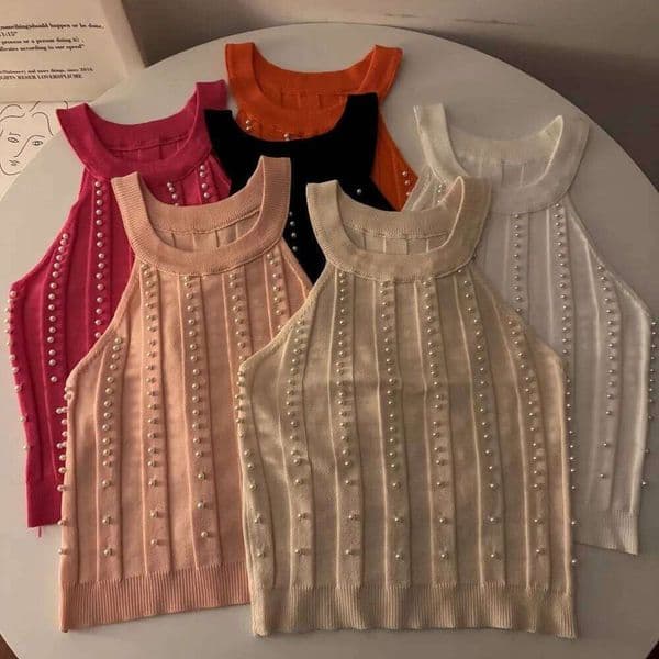 2024 New Summer Solid Color Crew Neck Sleeveless Tank Vacation Beaded Decor For Women's Clothing Crop Top