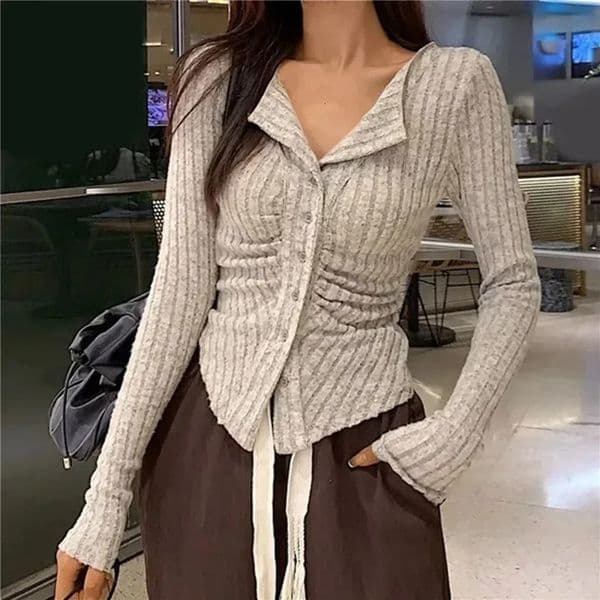 Korean Knit Cardigan Women Y2k Clothes V Lapel Long Sleeve Knitted Jumper Collar Sweater Coat Vintage Slim Cardigan 260120