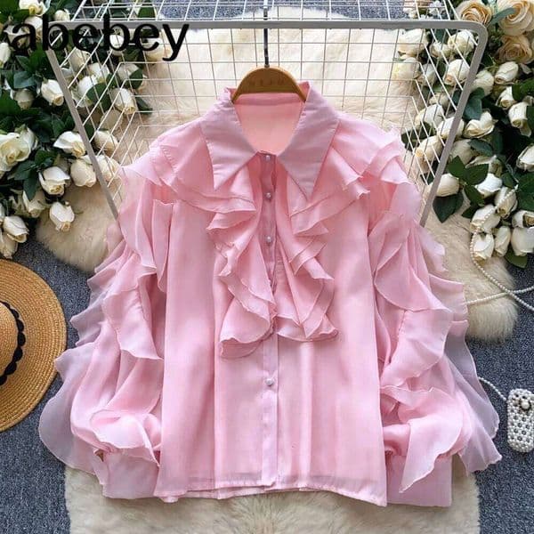 2026 New French Style Ruffles Streetwear Blouse Female Lapel Long Sleeves Vacation Chiffon Top Design Solid Loose Shirt
