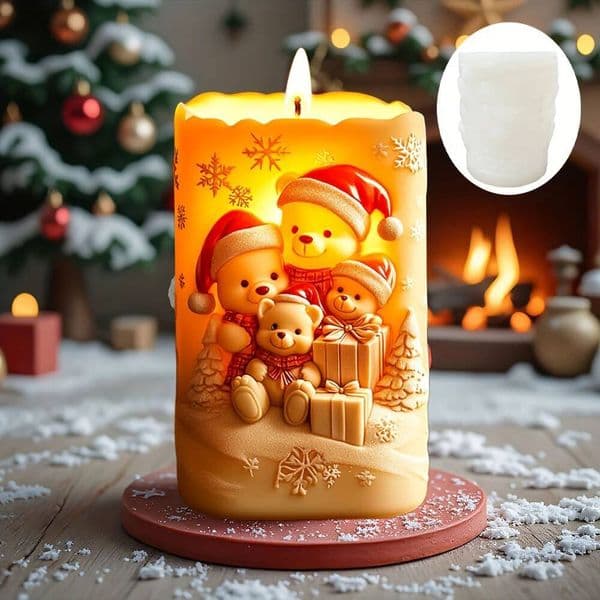 Valentine's Day Bear Family Hold Gift Embossed Cylindrical Candle Silicone Mold Wear Hat Christmas Bears Resin Gypsum Molds ddmySat