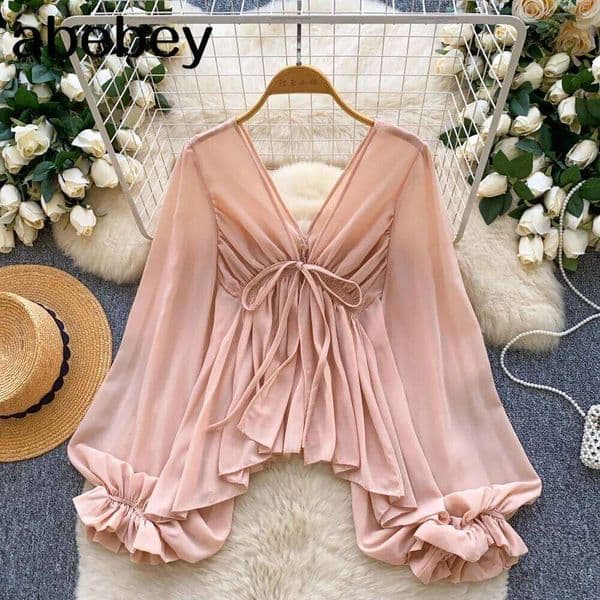 New Chic Ruffle Deep V-neck Mesh Tshirt Lantern Sleeve Blackless Sexy T Shirt Basic Tees Fashion Women Spring Streetwear Blouse