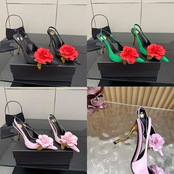 Designer High Heels Women Sandals Flower Metallic Heel Sharp Pointed Pumps Elegant Etiquette Dress Shoes 1017
