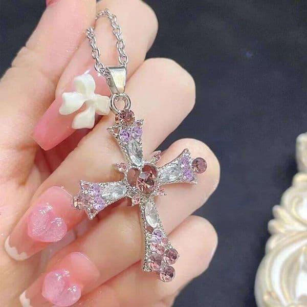 2025 New Y2K Punk Pink Purple Zircon Cross Necklace for Women Rhinestone Pendant Clavicle Chain Charm Party Jewelry Gifts 26W0121